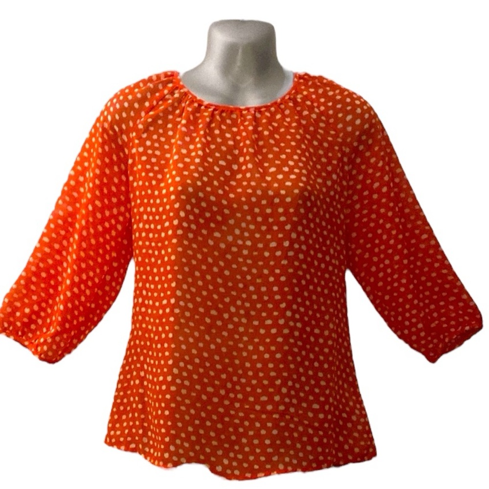 Orange polka dot sheer spring Blouse with Three-Quarter Sleeves